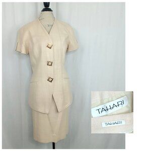 Vintage Tahari Skirt Suit Blazer Medium Cream Knit Silk